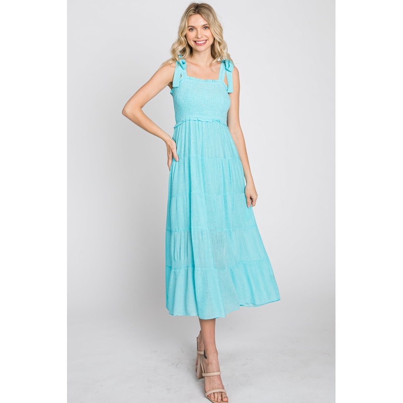 Aqua Smocked Tie Strap Tiered Midi Dress