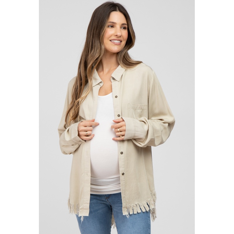 Beige Distressed Hi-Low Button Up Maternity Top