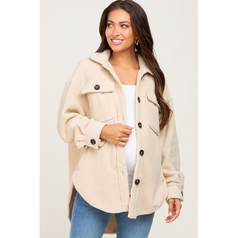 Beige Fleece Maternity Shirt Jacket