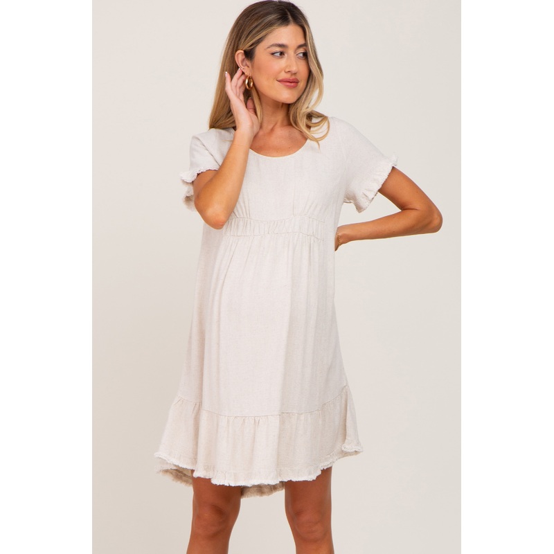 Beige Frayed Hem Maternity Dress