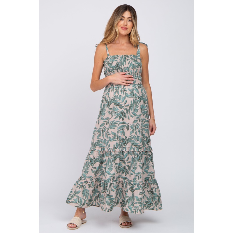 Beige Leaf Print Shoulder Tie Maternity Maxi Dress