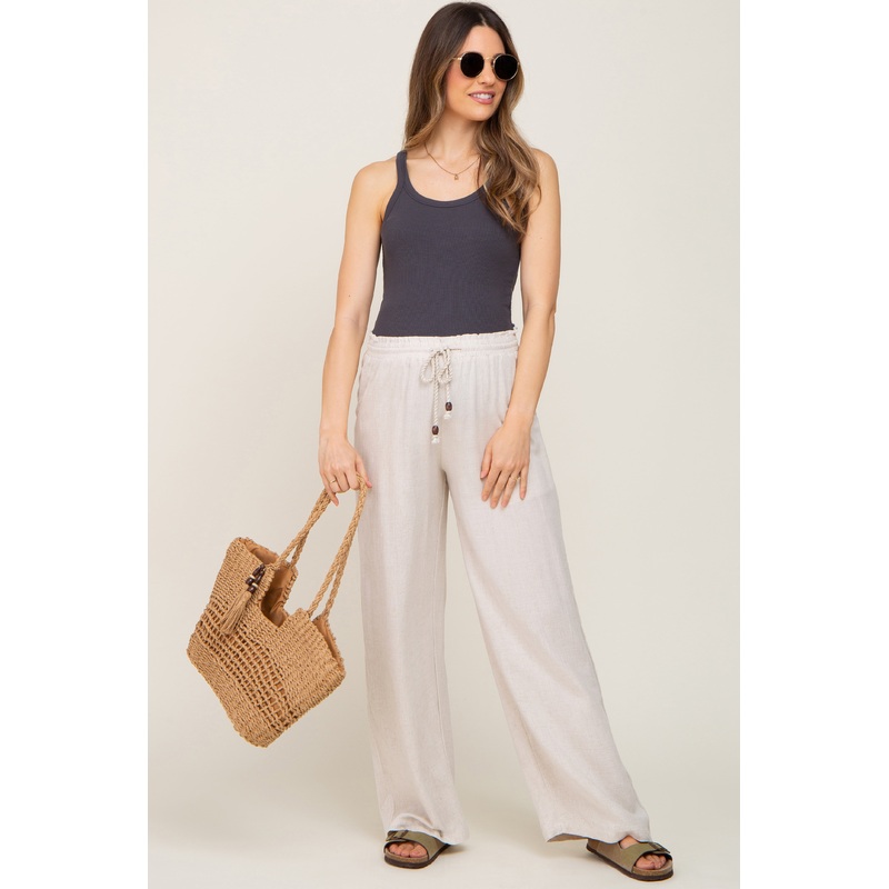 Beige Smocked Waist Wide Leg Maternity Pants