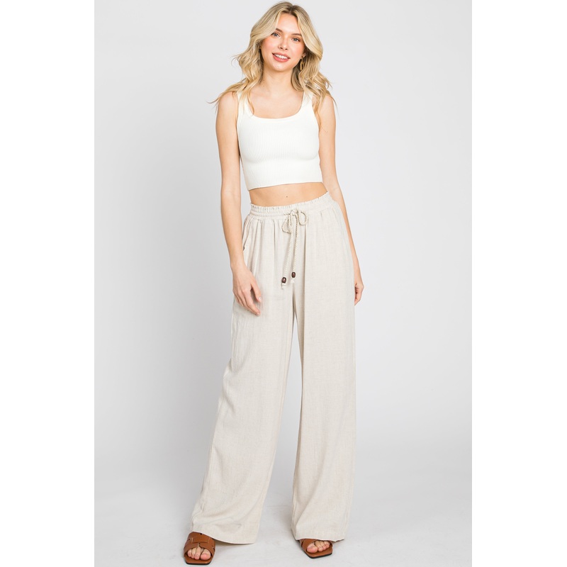 Beige Smocked Waist Wide Leg Pants