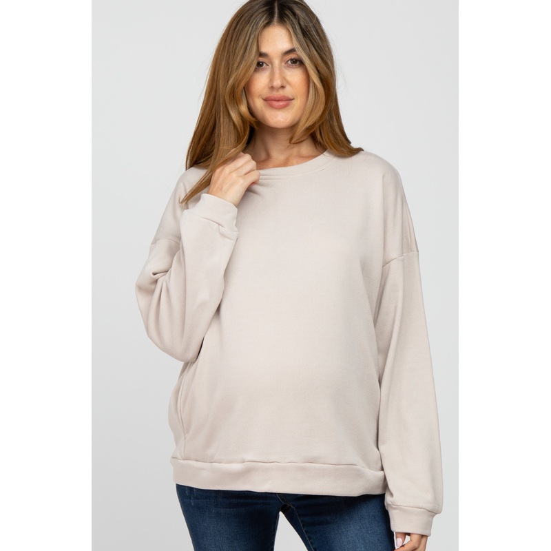 Beige Soft Fuzzy Lining Maternity Sweatshirt