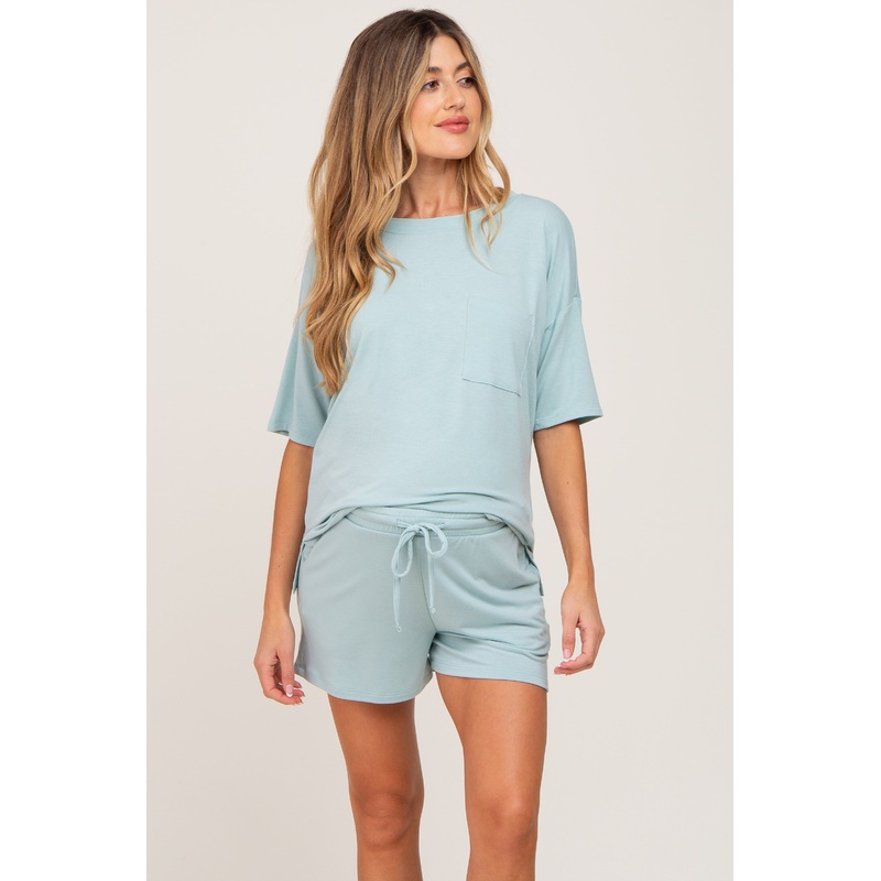 Mint Green Pocket Front Maternity Pajama Short Set