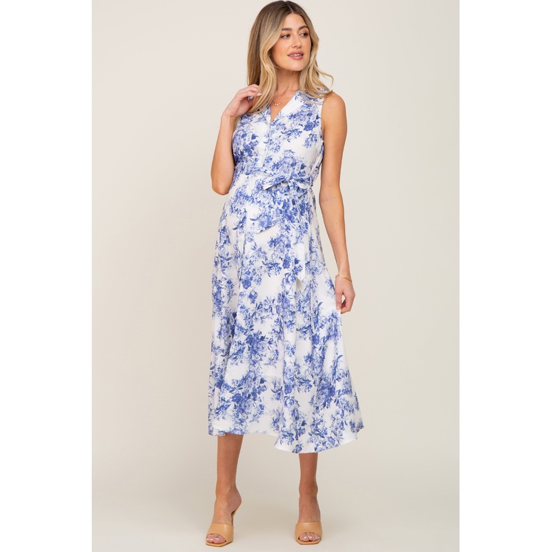 White Floral Button Front Collared Maternity Midi Dress