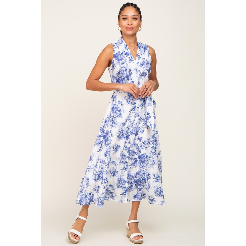 White Floral Button Front Collared Midi Dress