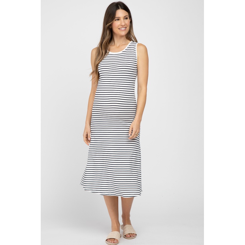 White Striped Sleeveless Maternity Midi Dress