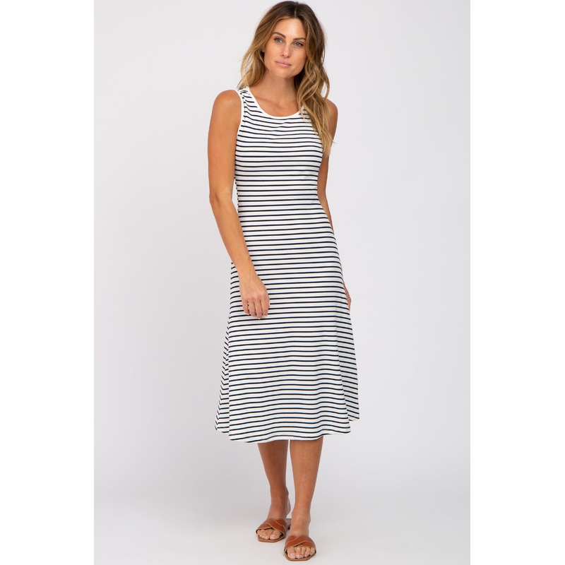 White Striped Sleeveless Midi Dress