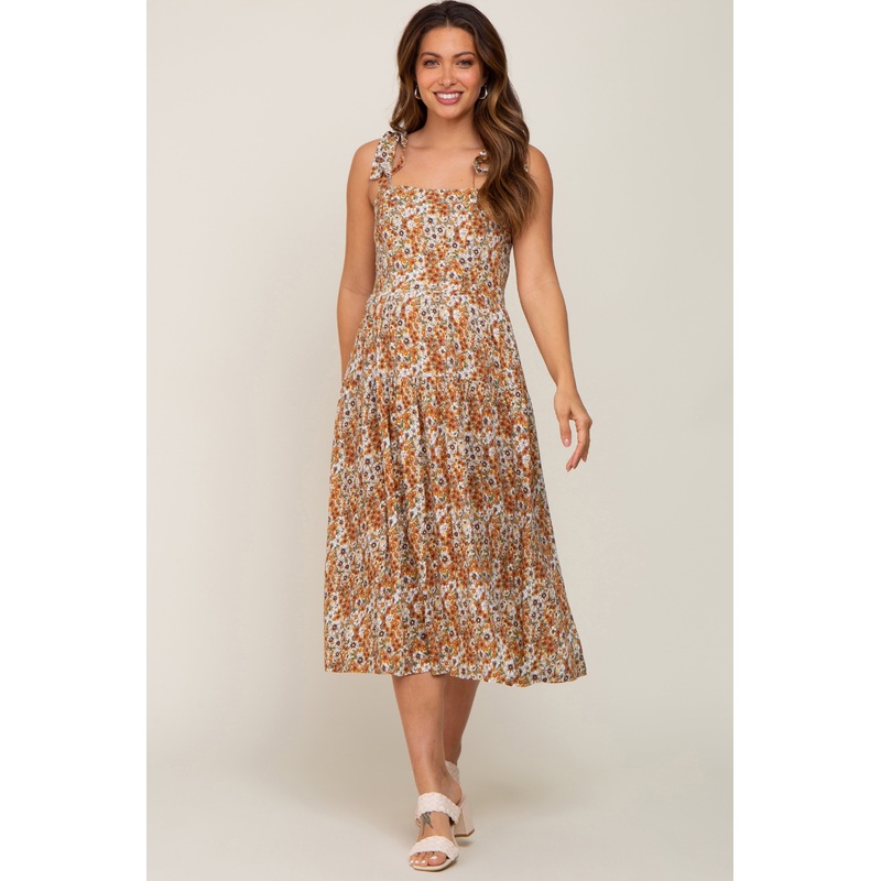 Yellow Floral Square Neck Tie Sleeve Tiered Maternity Midi Dress