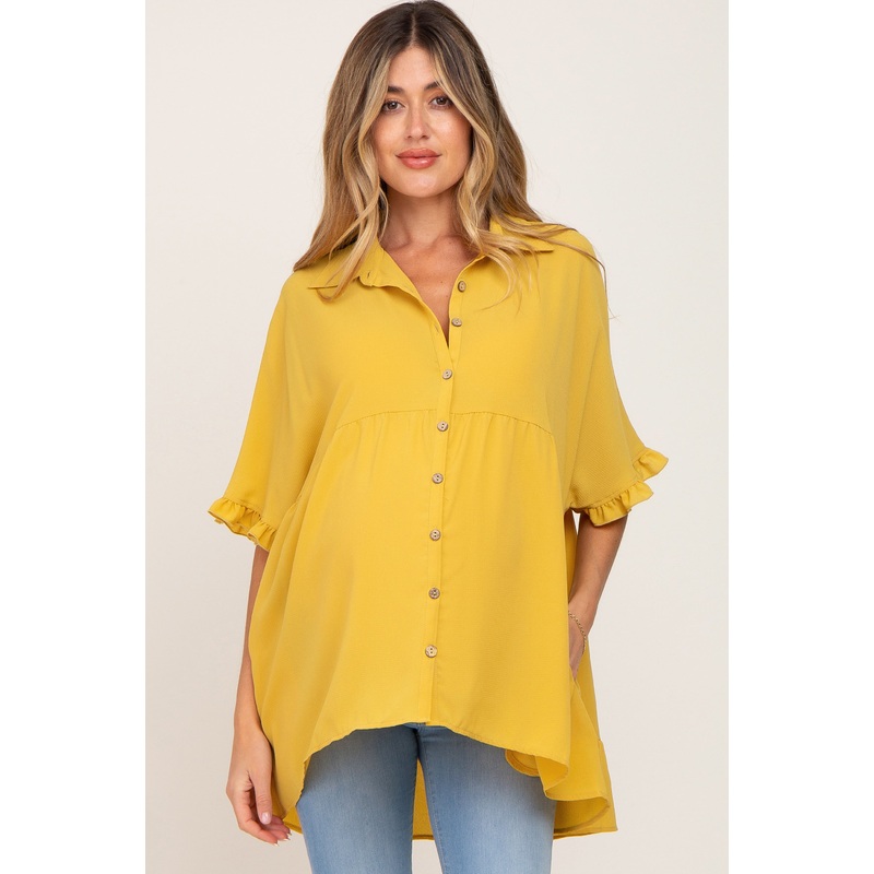 Yellow Oversized Button Front Ruffle Short Sleeve Hi-Low Maternity Top