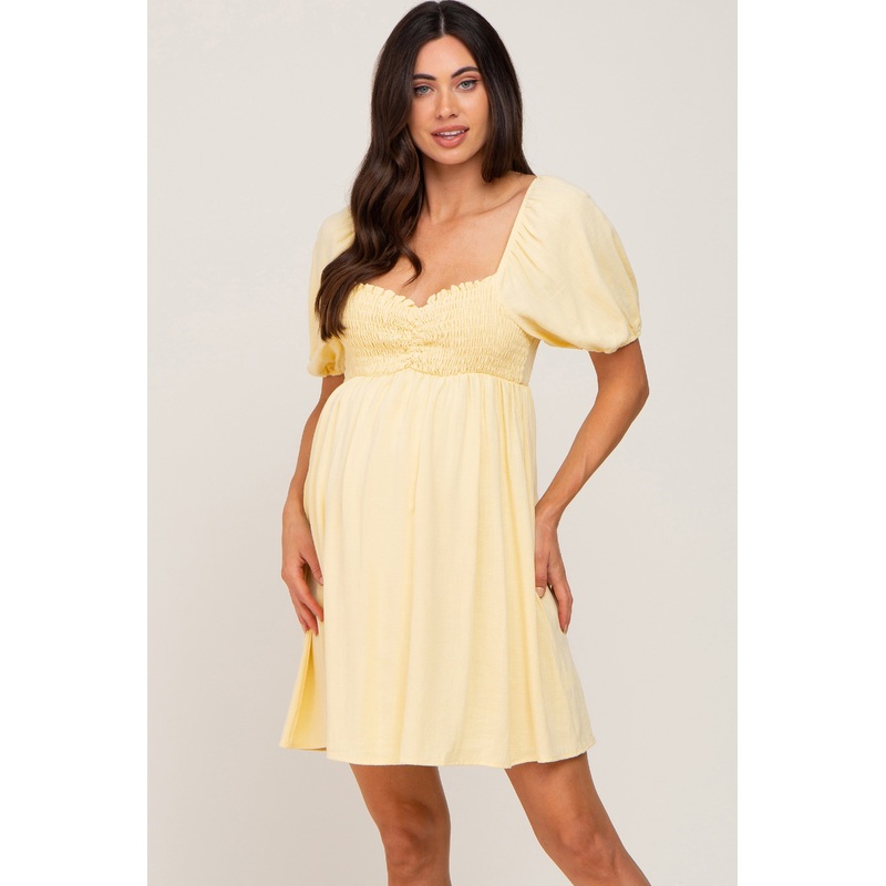 Yellow Smocked Puff Sleeve Maternity Mini Dress