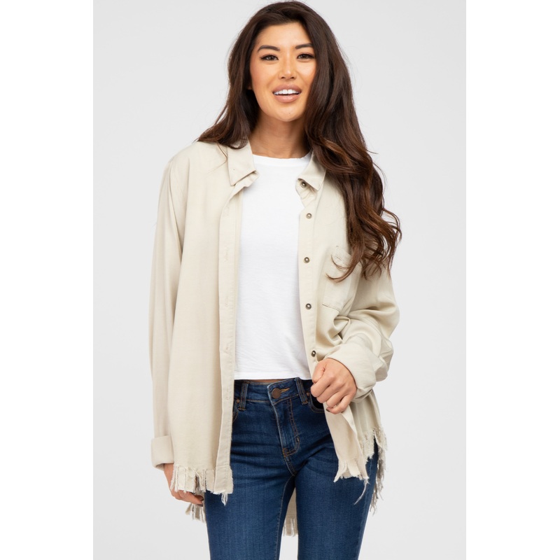 Beige Distressed Hi-Low Button Up Top