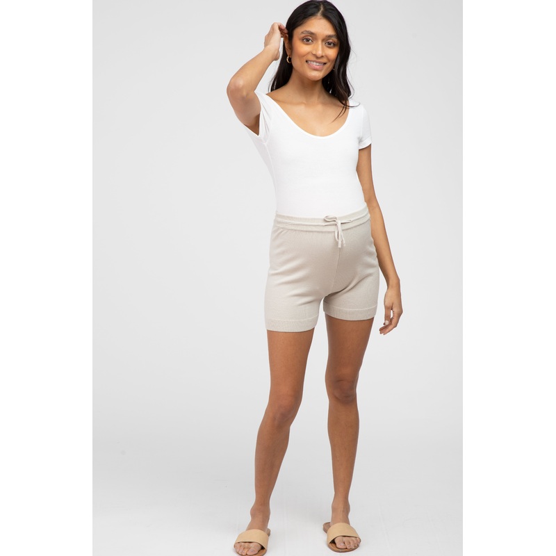 Beige Knit Drawstring Maternity Shorts