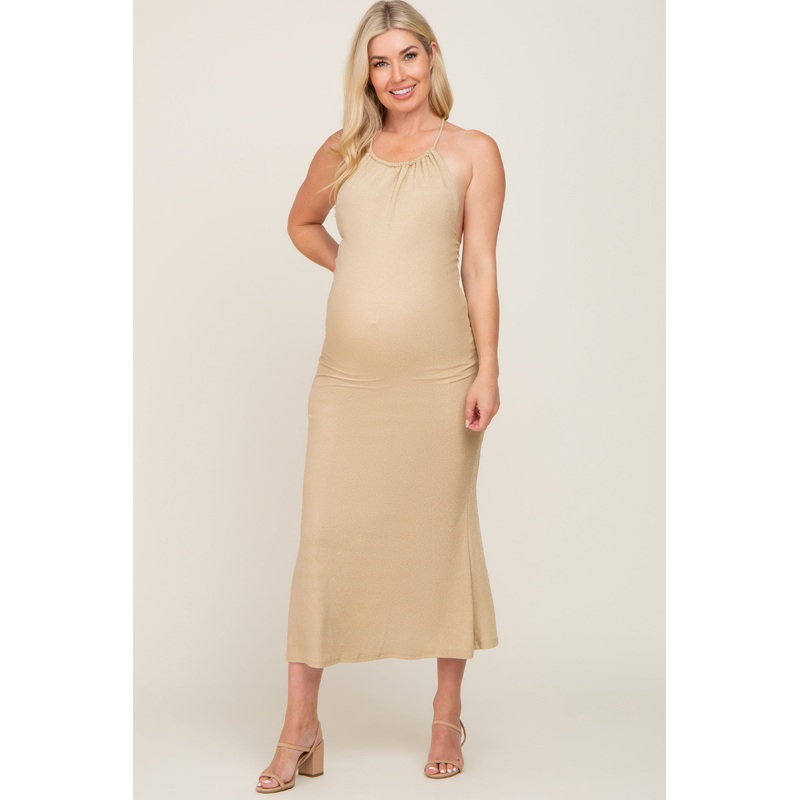 Beige Metallic Criss Cross Back Maternity Maxi Dress