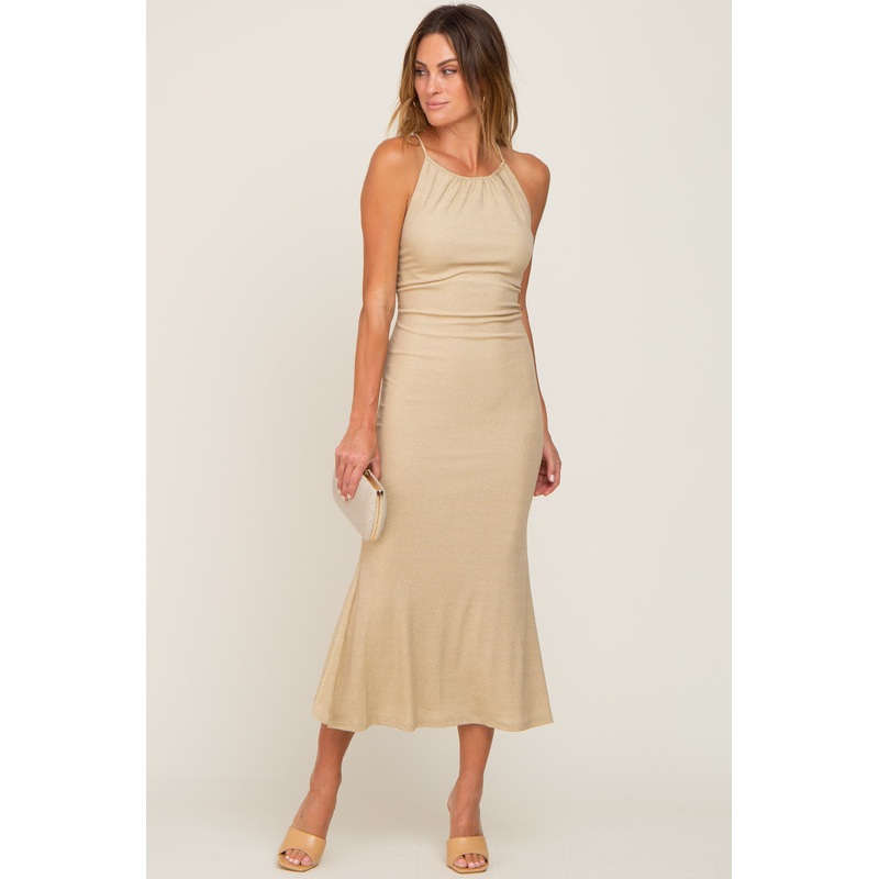 Beige Metallic Criss Cross Back Maxi Dress