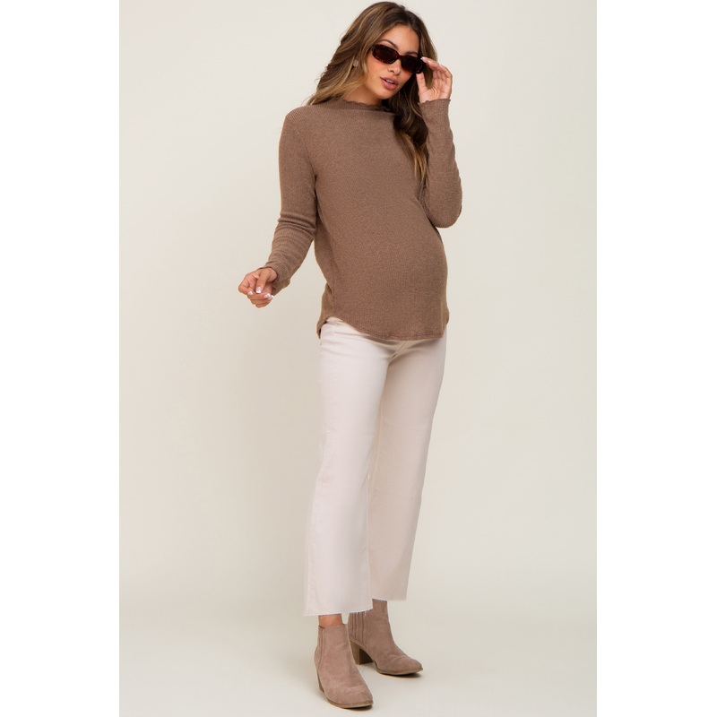 Beige Raw Hem Cropped Flare Maternity Jeans