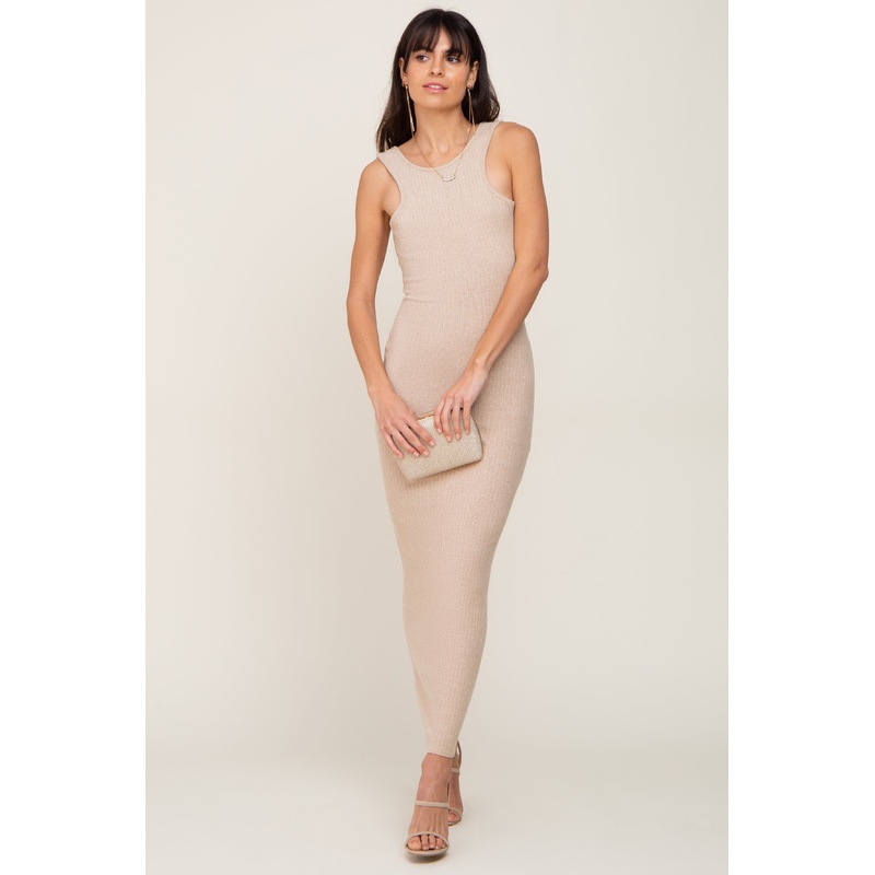 Beige Ribbed Racerfront Open Back Maxi Dress