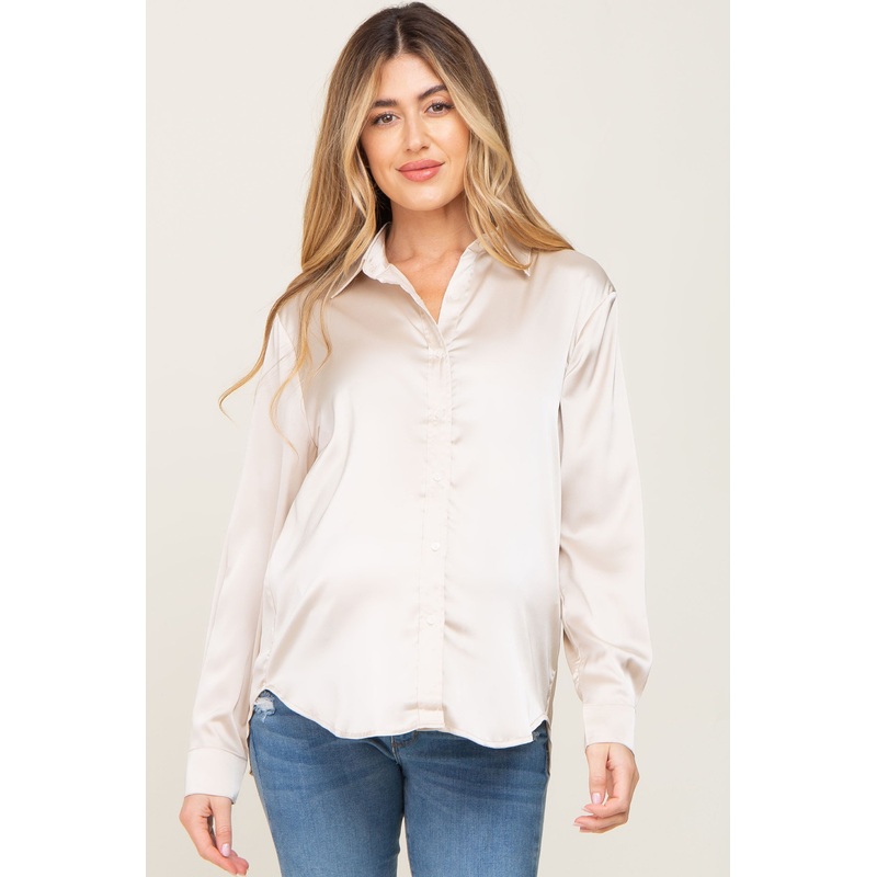 Beige Satin Button Down Long Sleeve Maternity Top