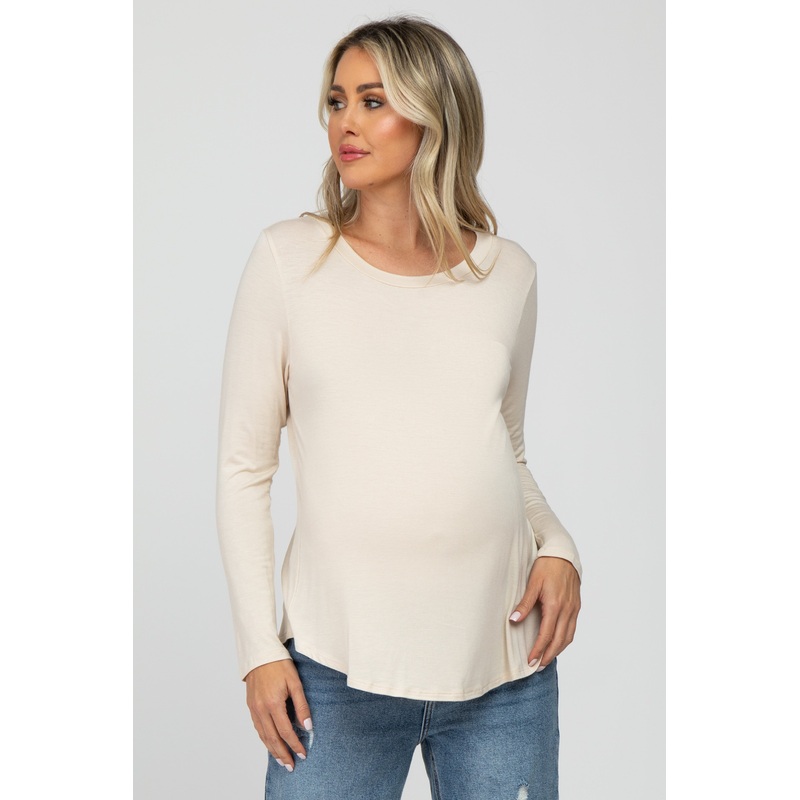 Beige Solid Long Sleeve Maternity Top
