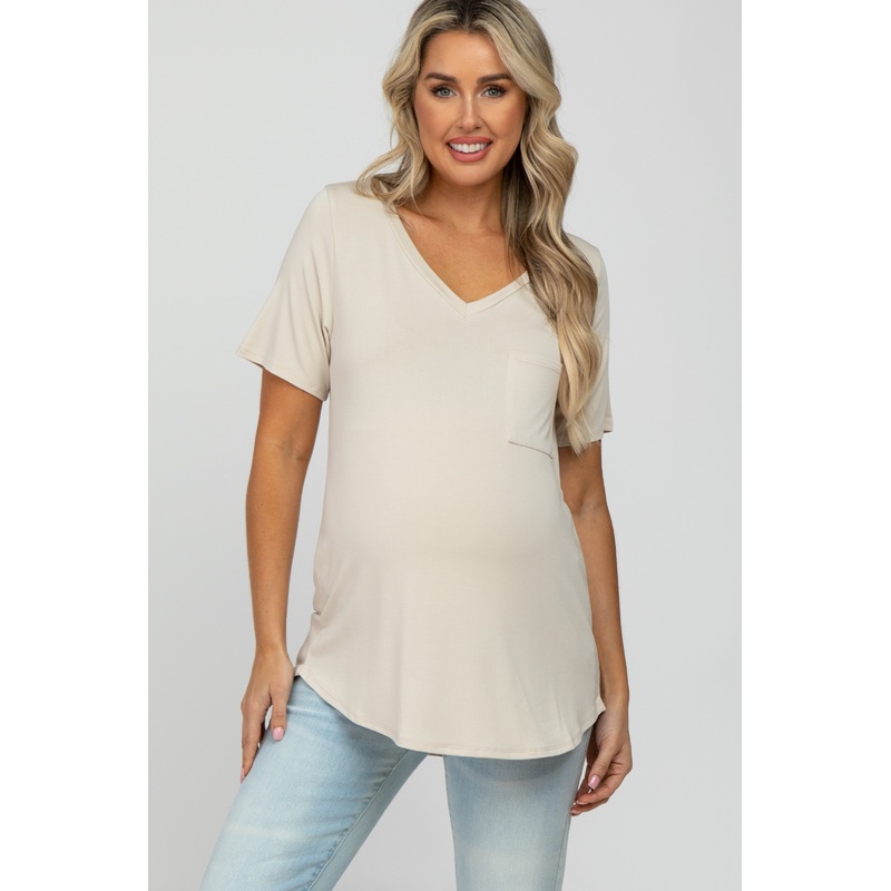 Beige V-Neck Front Pocket Short Sleeve Maternity Top