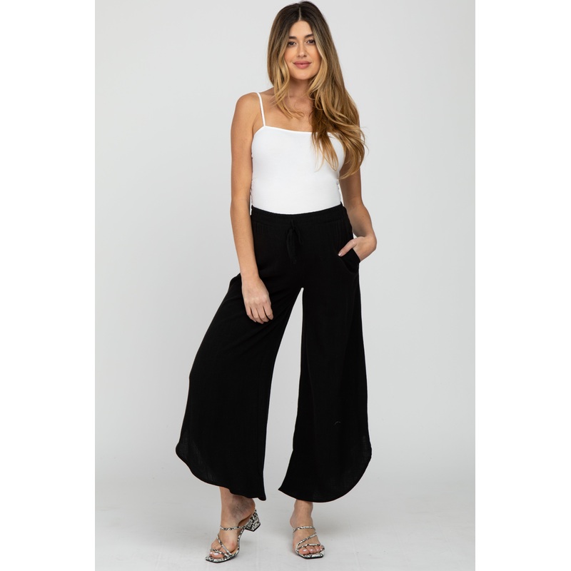 Black Linen Tie Front Curved Hem Maternity Pants