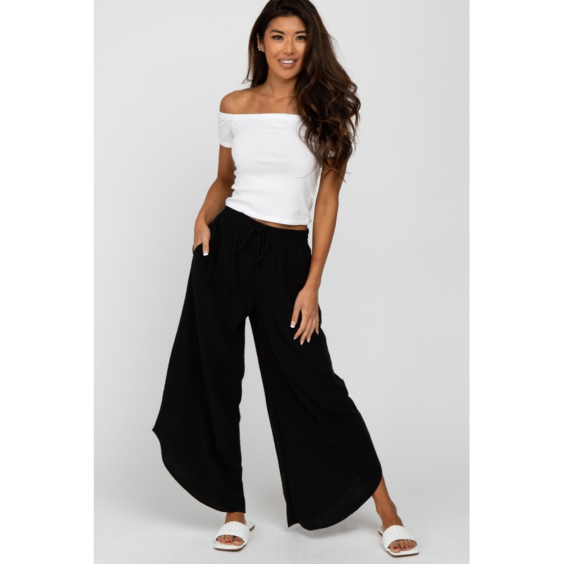 Black Linen Tie Front Curved Hem Pants