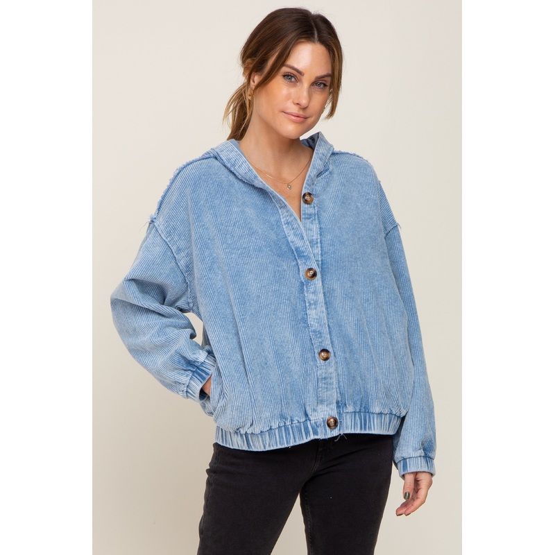 Blue Corduroy Button Up Hooded Jacket