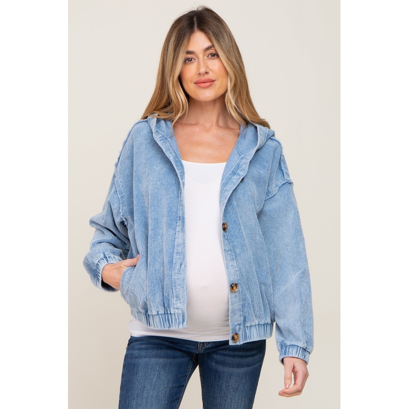 Blue Corduroy Button Up Hooded Maternity Jacket
