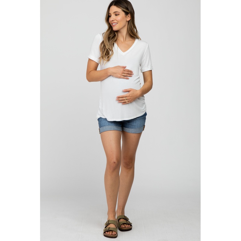 Blue Cuffed Denim Maternity Shorts