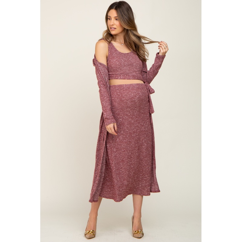 Burgundy 3-Piece Skirt and Cardigan Maternity Set
