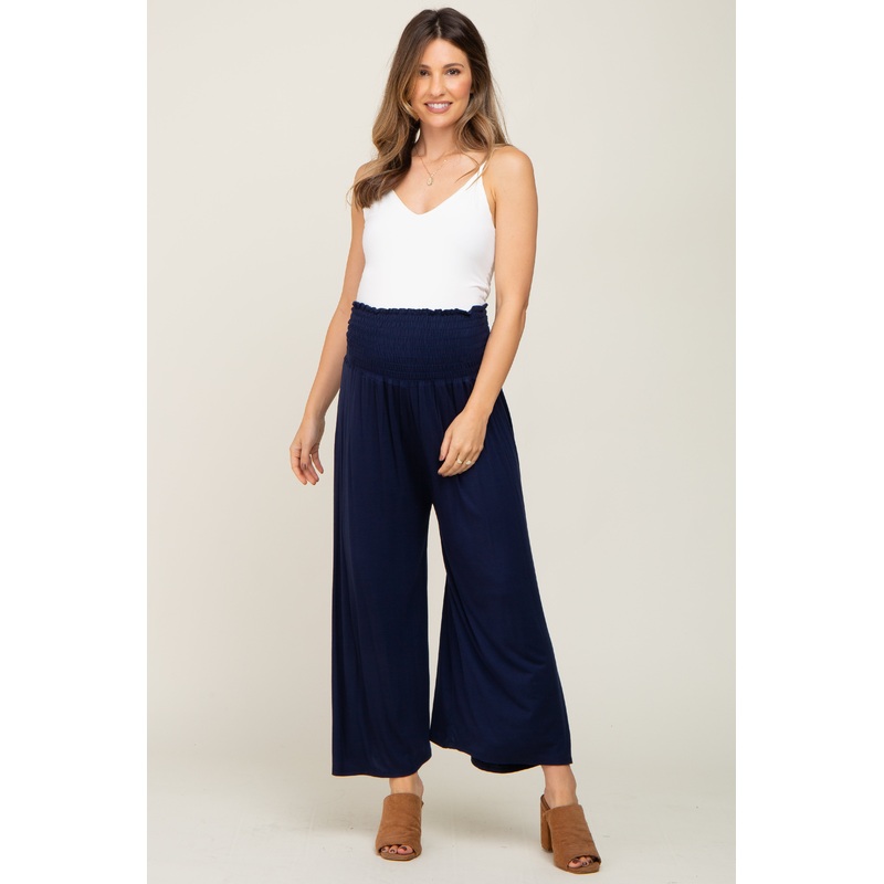 Navy Smocked Wide Leg Maternity Pants