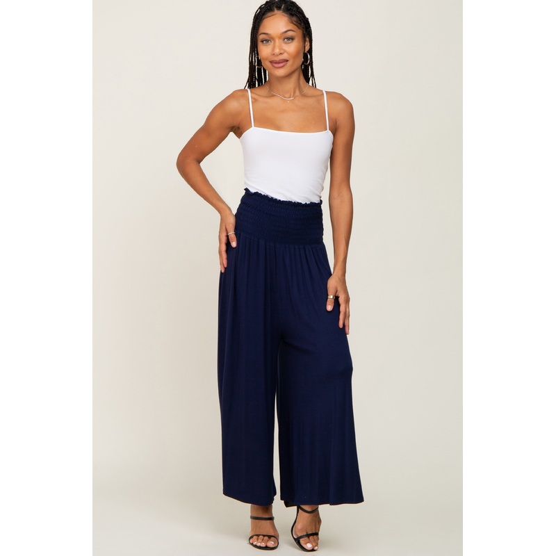 Navy Smocked Wide Leg Pants