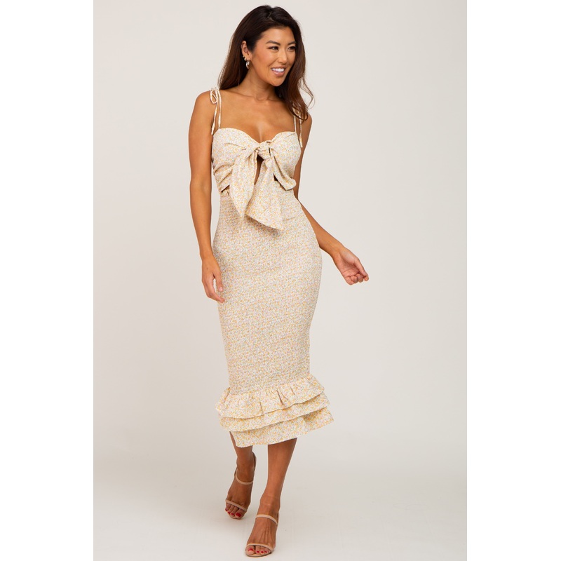 Yellow Floral Front Tie Cutout Smocked Midi Dress