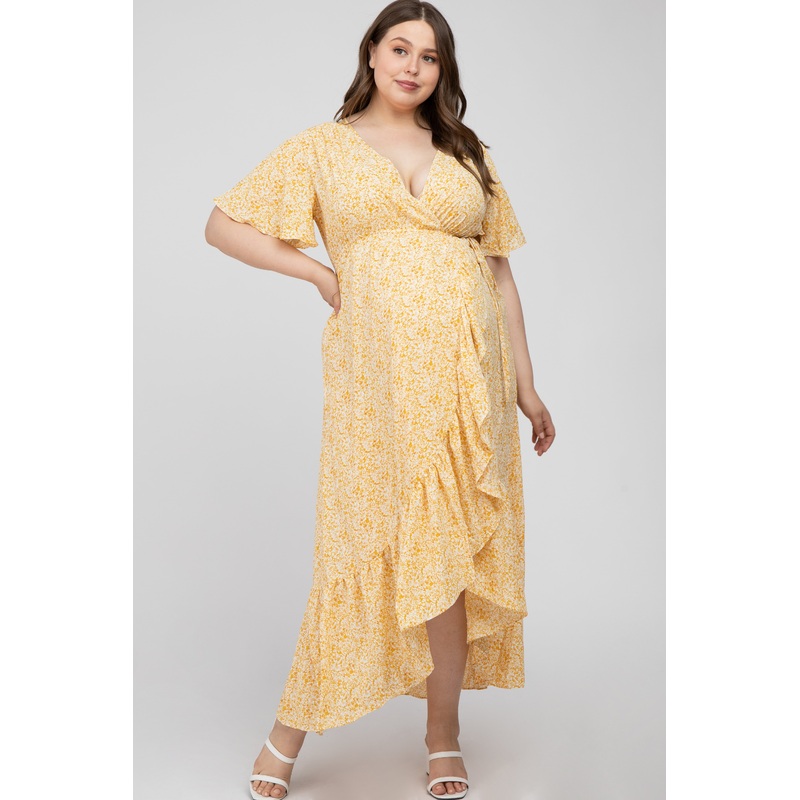 Yellow Floral Wrap Maternity Plus Midi Dress