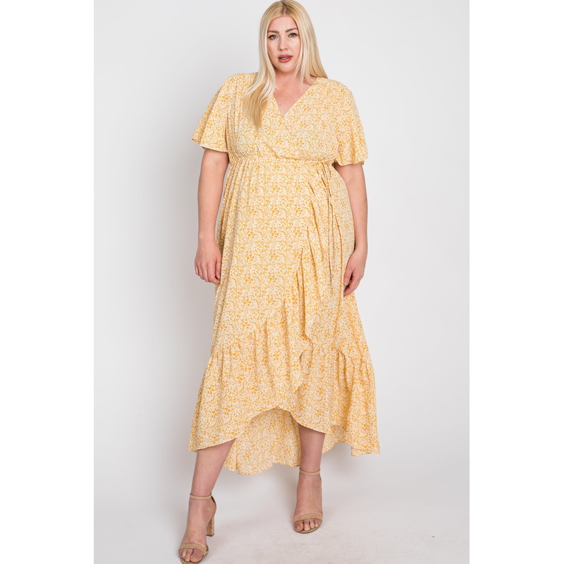 Yellow Floral Wrap Plus Midi Dress