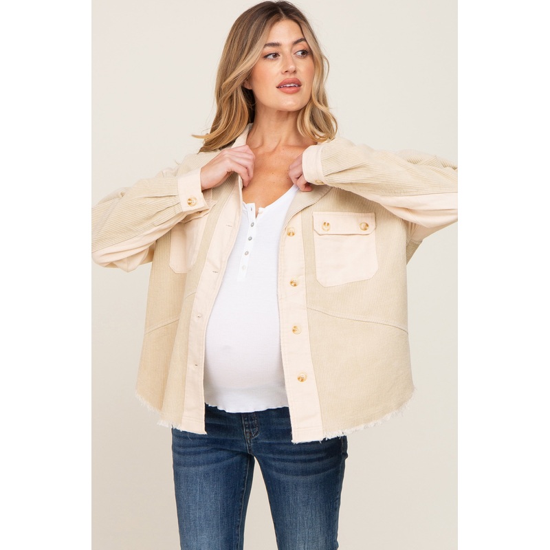 Beige Colorblock Corduroy Maternity Shacket