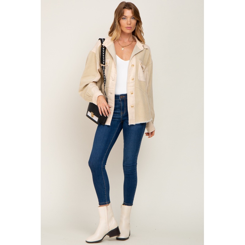 Beige Colorblock Corduroy Shacket