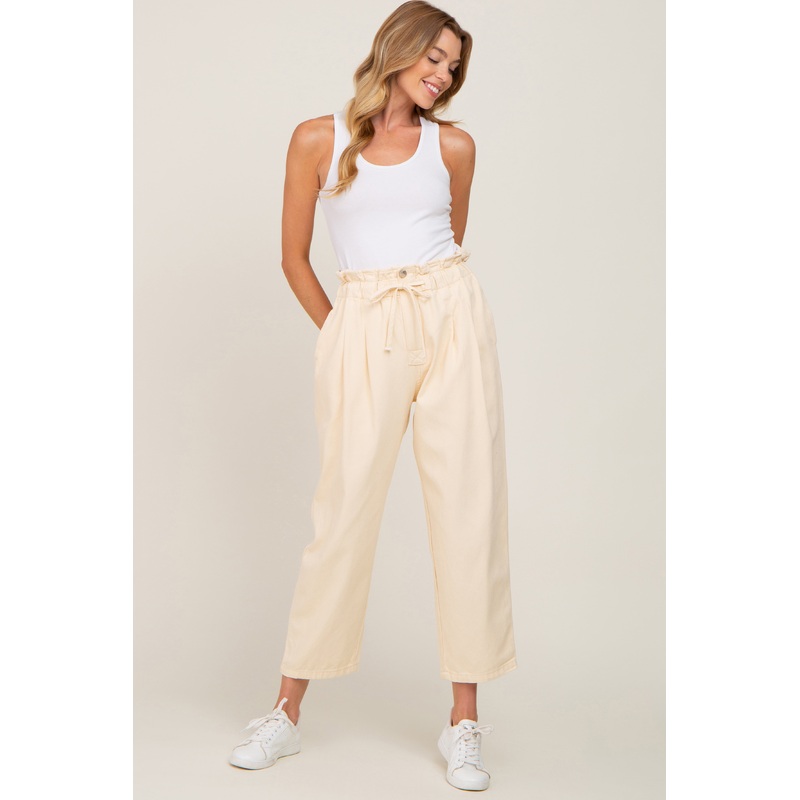 Beige Drawstring Pleated Denim Pants