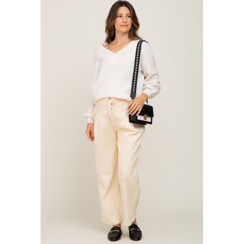 Beige Drawstring Pleated Maternity Denim Pants