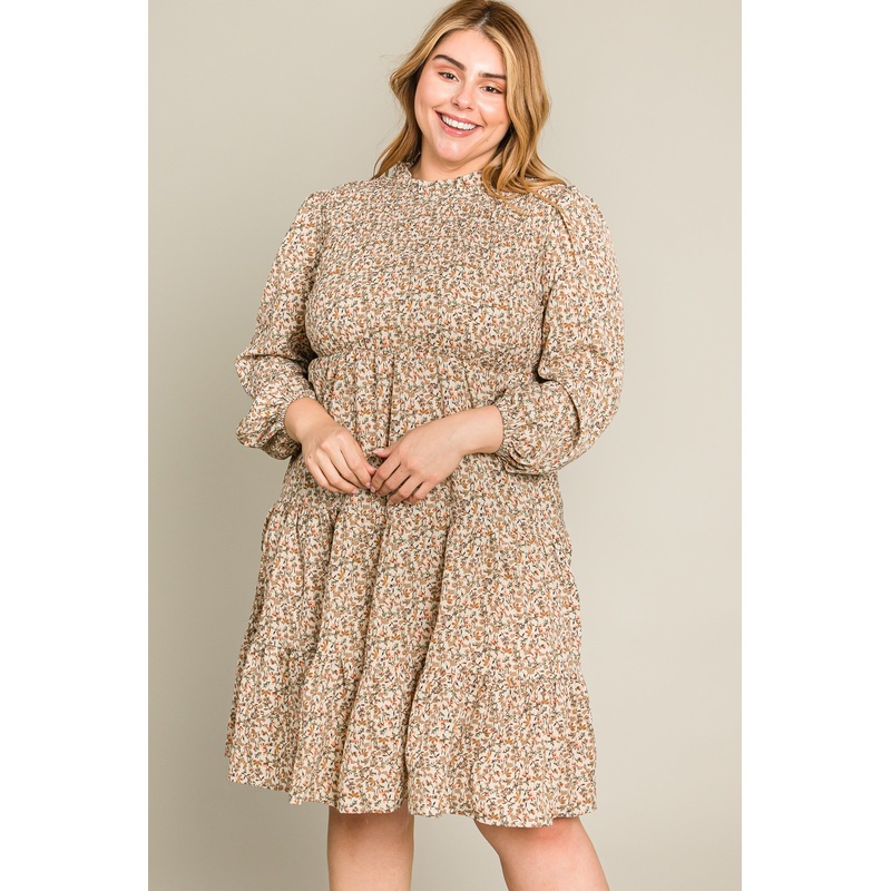 Beige Floral Shirred Mock Neck Plus Dress