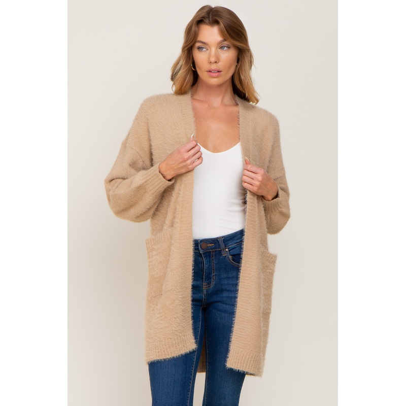 Beige Fuzzy Long Cardigan