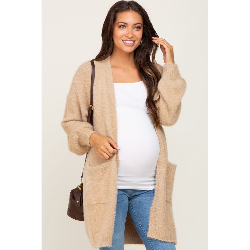 Beige Fuzzy Long Maternity Cardigan