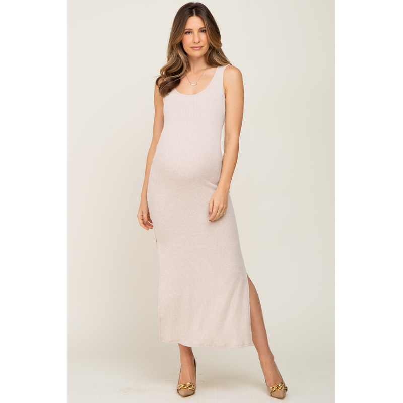 Beige Soft Knit Sleeveless Maternity Maxi Dress