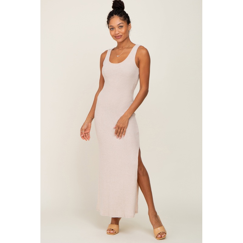 Beige Soft Knit Sleeveless Maxi Dress