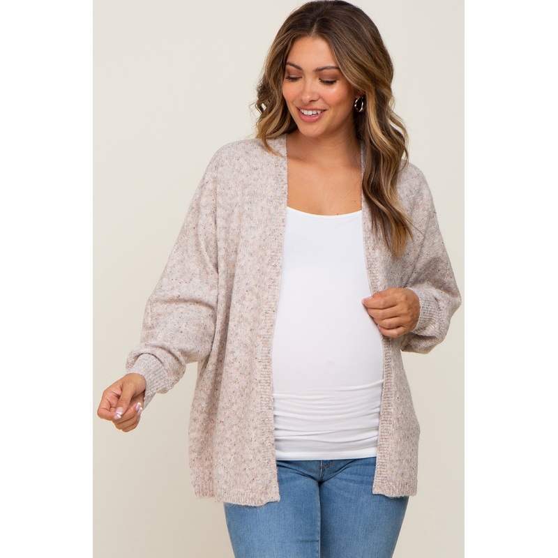 Beige Speckled Knit Open Front Maternity Cardigan