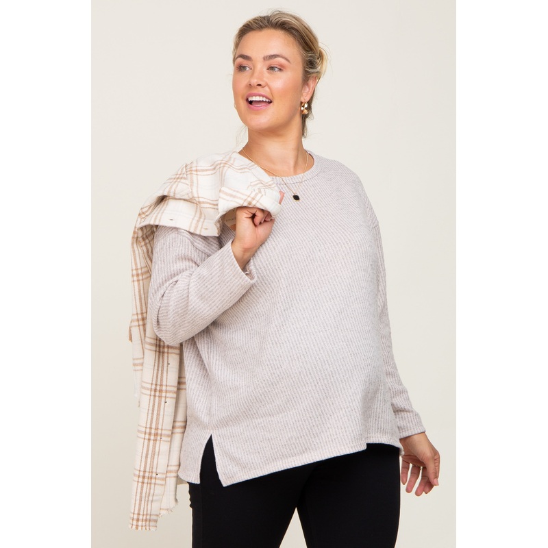 Beige Striped Brushed Maternity Plus Long Sleeve Top