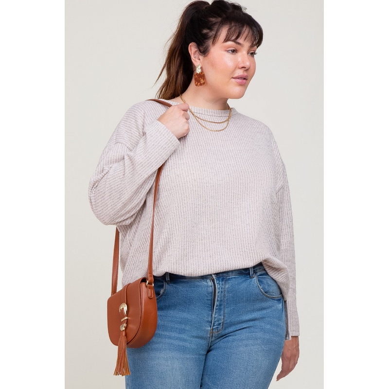Beige Striped Brushed Plus Long Sleeve Top
