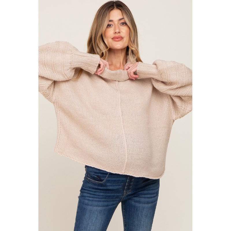 Beige Turtle Neck Contrast Knit Maternity Sweater