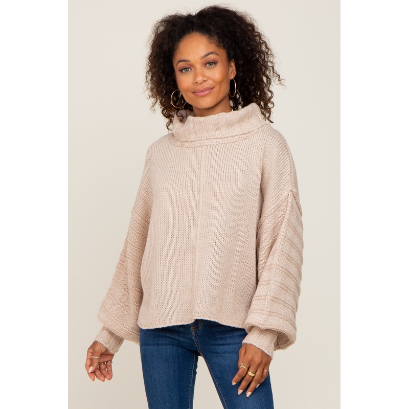 Beige Turtle Neck Contrast Knit Sweater